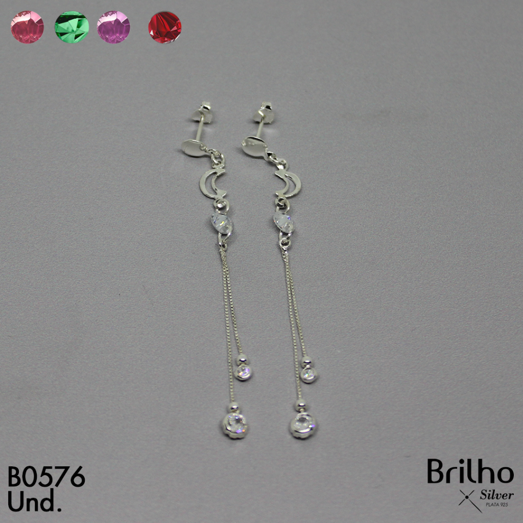 T12N095 ARETE LARGO LUNAS Y CIRCONES EN PLATA LEY 925