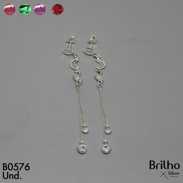 T12N095 ARETE LARGO LUNAS Y CIRCONES EN PLATA LEY 925