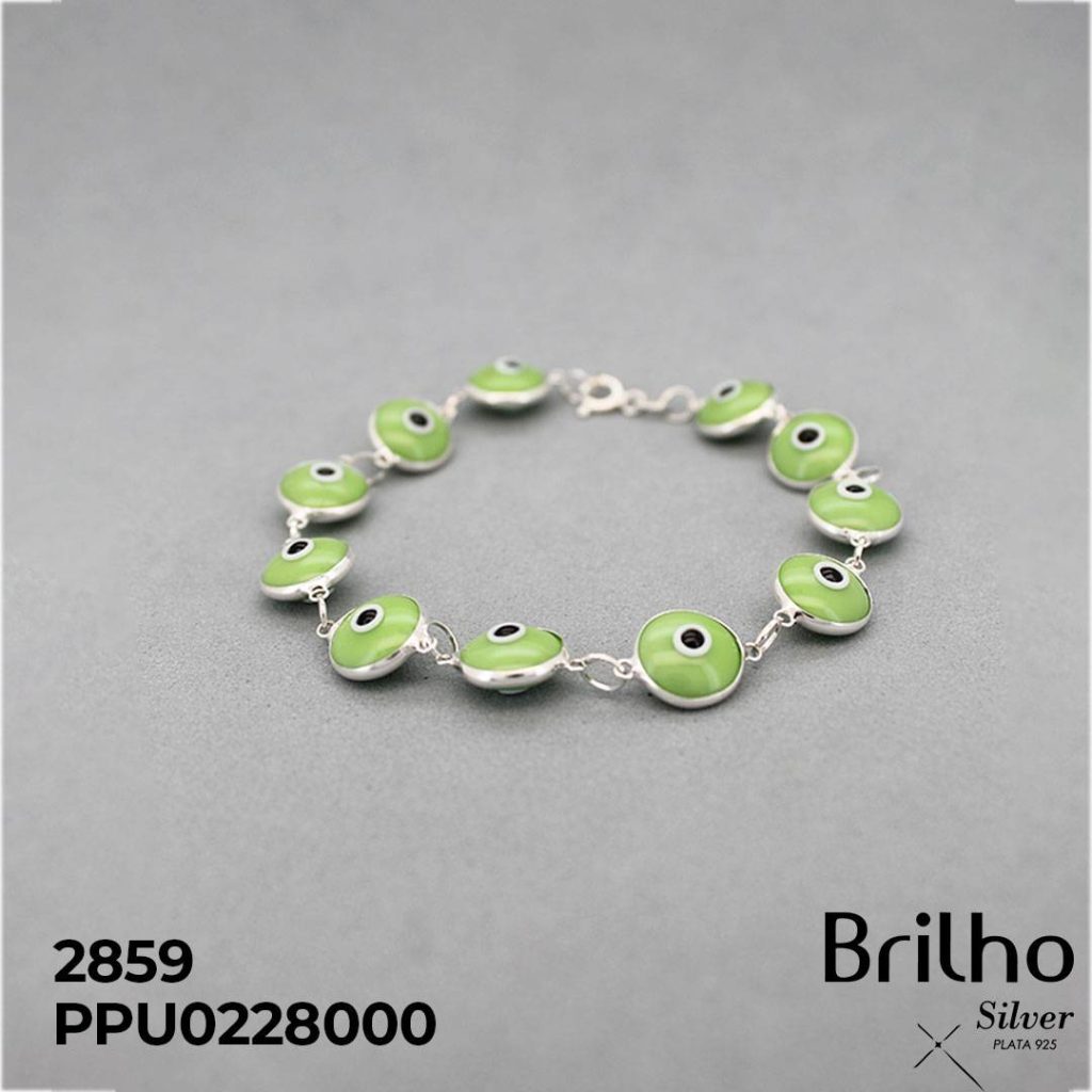 DES2859 PULSERA OJO TURCO VERDE CLARO MATE EN PLATA LEY 925